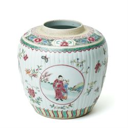19th/20th century famille rose Chinese ginger jar, decorated with panels of traditional sc...