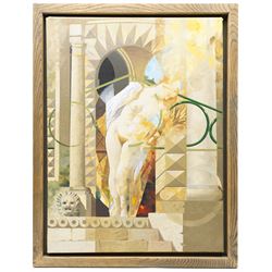 Swedish Surreal School (Mid-Century): Neoclassical Composition of a Female Nude in a Greek Temple Pronaos (Entrance), oil on canvas unsigned 61cm x 46cm