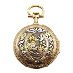 Early 20th century 18ct gold top wind fob pocket watch, the reverse with applied birds in a garden setting decoration, in original fitted case