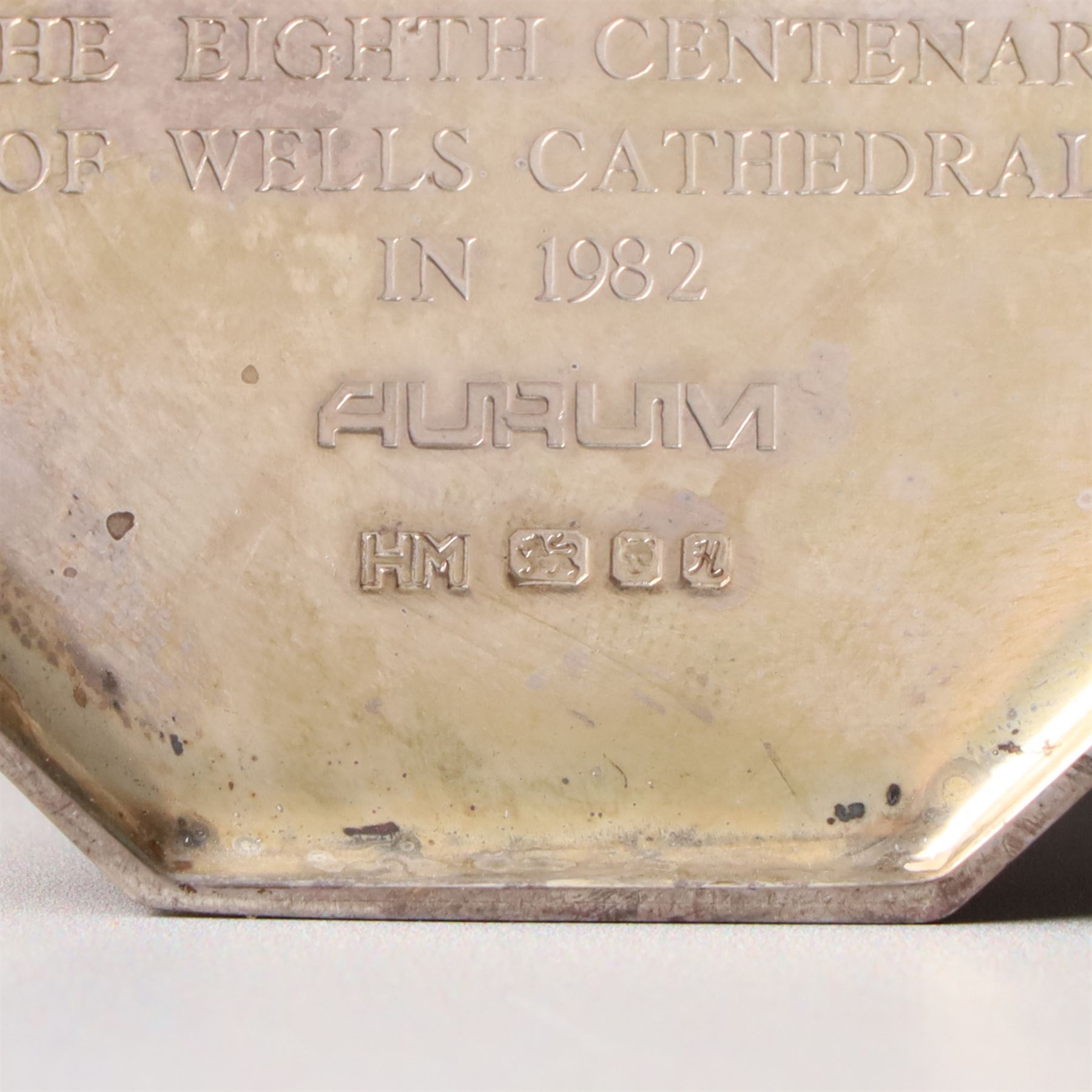 Elizabeth II silver and parcel gilt Wells Cathedral goblet by Hector Mills for Aurum , limited edition commemorating the eighth centenary in 1982, 79/800 with pierced figural stem H17cm