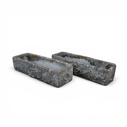 Pair of rectangular weathered cast stone planters, ornate moulded detail