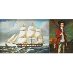 English School (20th century): Portait of a Boy with a Bat and a Ship Portrait, two oils o...