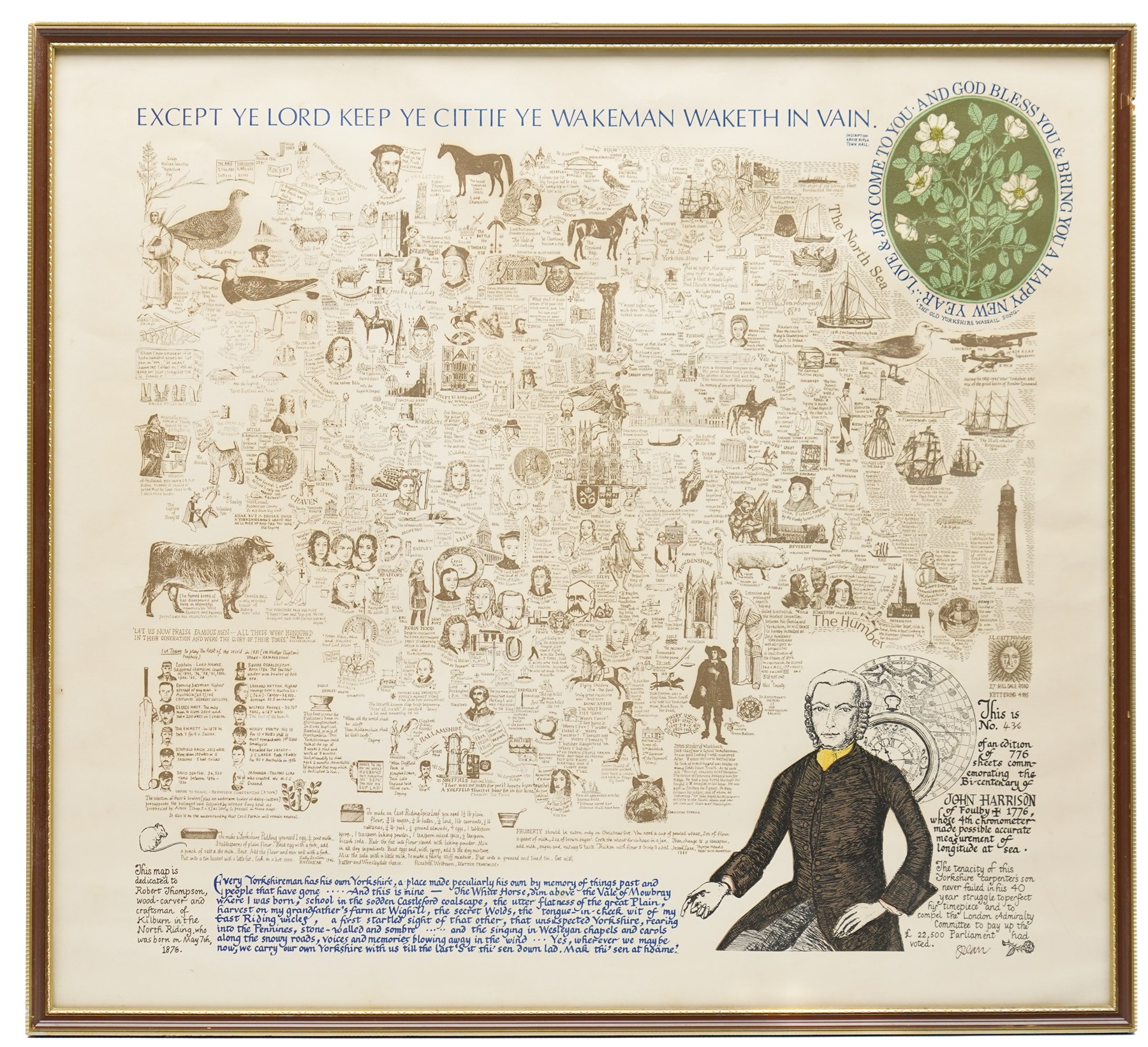 Joseph Lloyd Carr (British 1912-1994): 'Yorkshire', limited edition colour literary and pictorial historical map of Yorkshire dedicated to Robert Thompson of Kilburn (Mouseman), sixth edition signed numbered 436/776 in pen pub. 1976, 46cm x 49cm