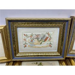 Collection of thirty, mostly WWI period embroidered silk greetings cards and postcards, including 'Happy Christmas', 'From your loving son' and 'Souvenir from France' examples, all within modern gilt frames