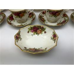 Royal Albert Old Country Roses pattern tea wares, including six cups and saucers, teapot, milk jug, open sucrier and small dish. 