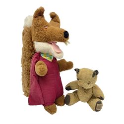 Chad Valley Sooty bear with applied eyes, stitched nose and mouth and jointed limbs; label under left footpad H24cm; and Wendy Boston Basil Brush soft toy (2)