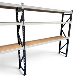 Two bays of Constructor warehouse racking with MDF boards