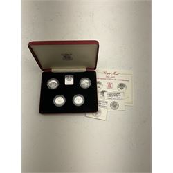 The Royal Mint United Kingdom 1984 to 1987 silver proof one pound coin collection and 1984 to 1987 silver proof piedfort  one pound coin collection, both cased with main certificate and some individual certificates 