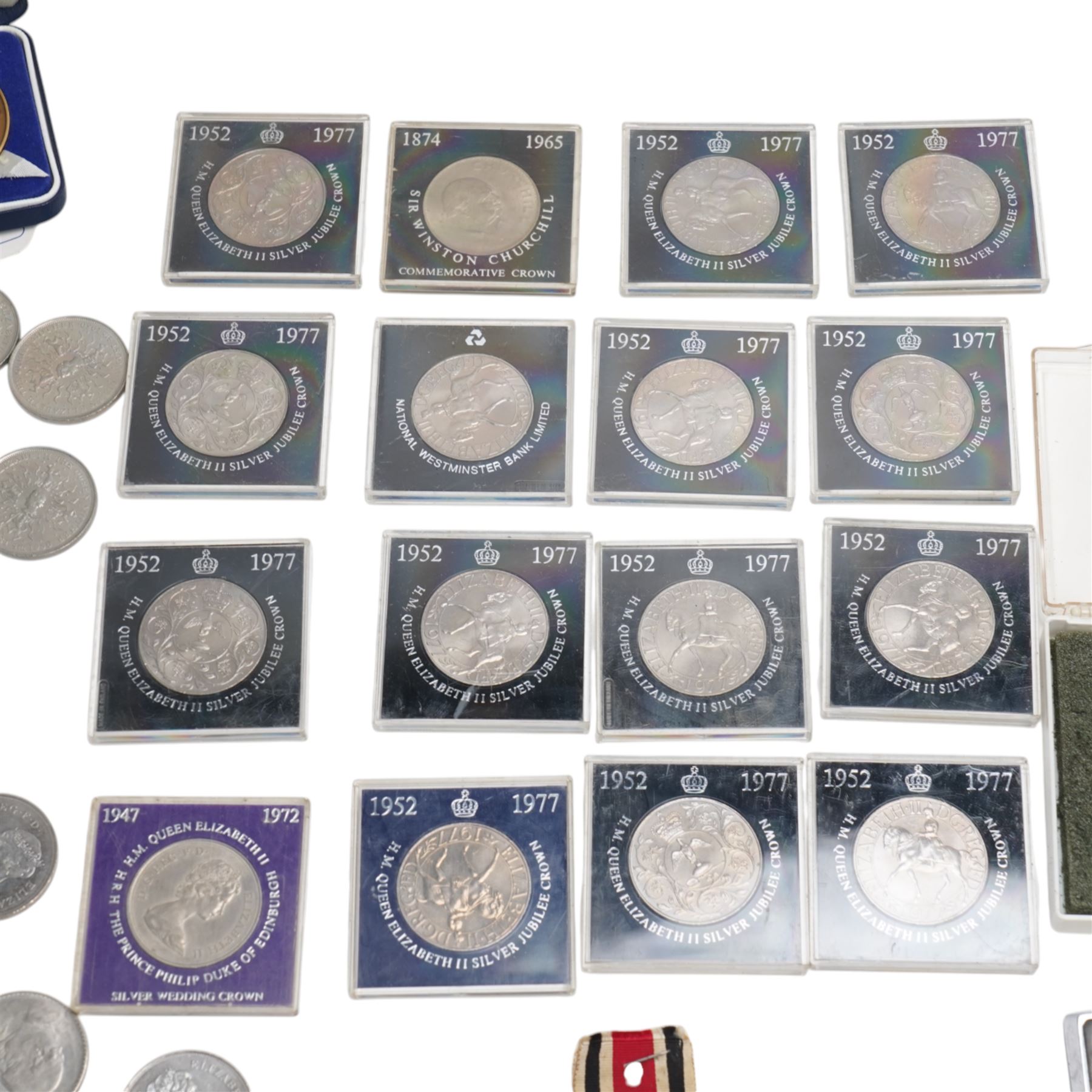 USA 1879 silver one dollar coin, George VI Special Constabulary Long Service Medal awarded to John Carmichael, Great British commemorative crowns, part filled Whitman folders, further coins and banknotes, etc, housed in metal case