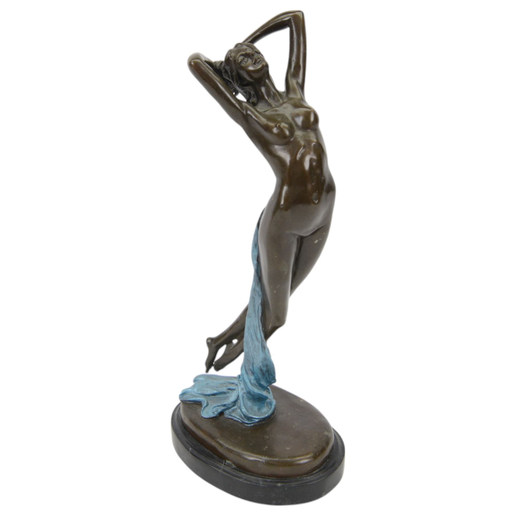 After Joseph Pollet, bronze figure of a nude woman, upon an oval black marble effect plinth, H47cm