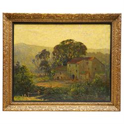 Philip V Whitehouse (British fl.1907-1921): Figures by a Farmstead, oil on canvas signed and dated '20, labels verso 40cm x 50cm