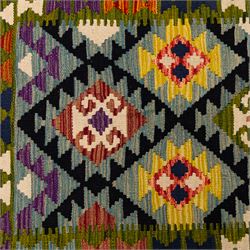 Afghan Maimana flatweave kilim, central field features large bold nested diamond motifs and stylized geometric lozenge patterns on olive purple, blue, and green tone ground, border stripe in blue tones, with fringe