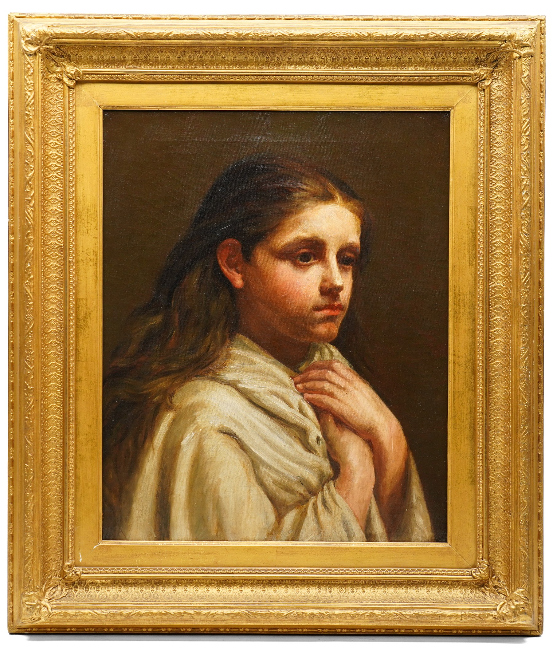 English School (19th century): Portrait of a Young Girl with Clasped Hands, oil on canvas unsigned 52cm x 42cm
