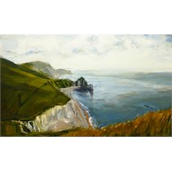 Hugh Webster (British 1963-): 'Durdle Door from Swyre Head, West Lulworth', oil on board signed, titled signed and dated Spring 1989 verso 36cm x 60cm