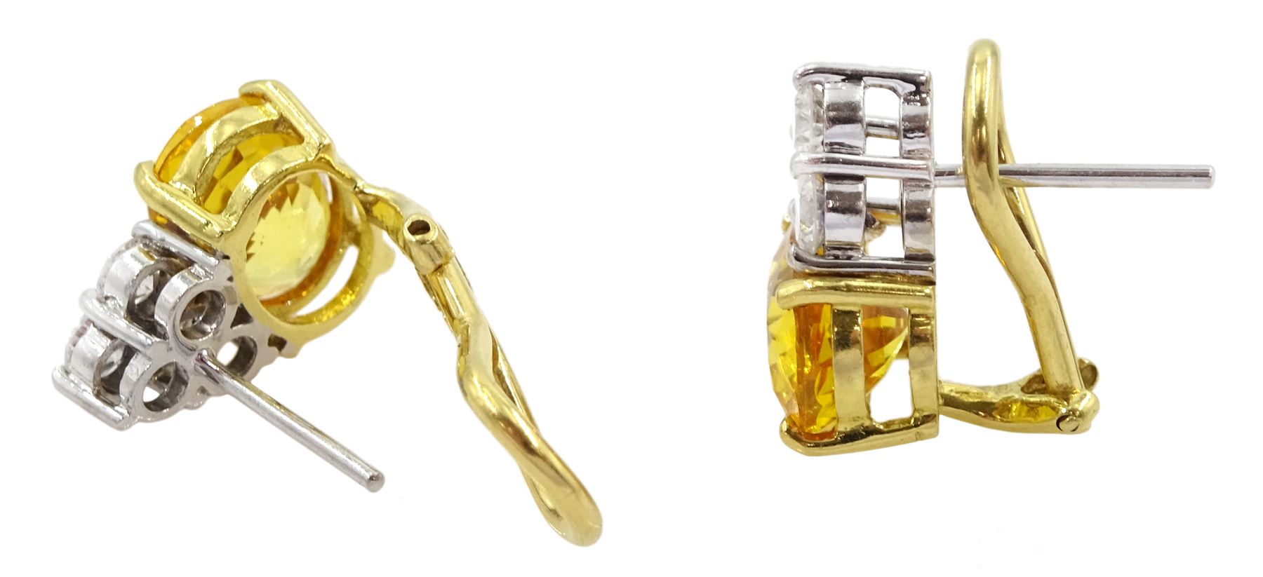 Pair of 18ct white and yellow gold round brilliant cut diamond and oval cut yellow sapphire earrings, total sapphire weight approx 5.40 carat, total diamond weight approx 0.65 carat