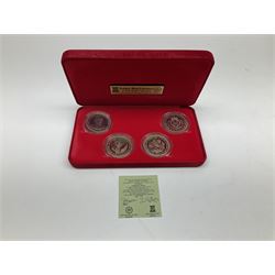 Coins and medallions including 1981 and 1982 coinage of Great Britain and Northern Ireland proof sets, Isle of Man 1981 diamond finish four coin set, cased medallions by The Tower Mint, small number of reproduction coins, empty box for a Falkland Islands coin etc