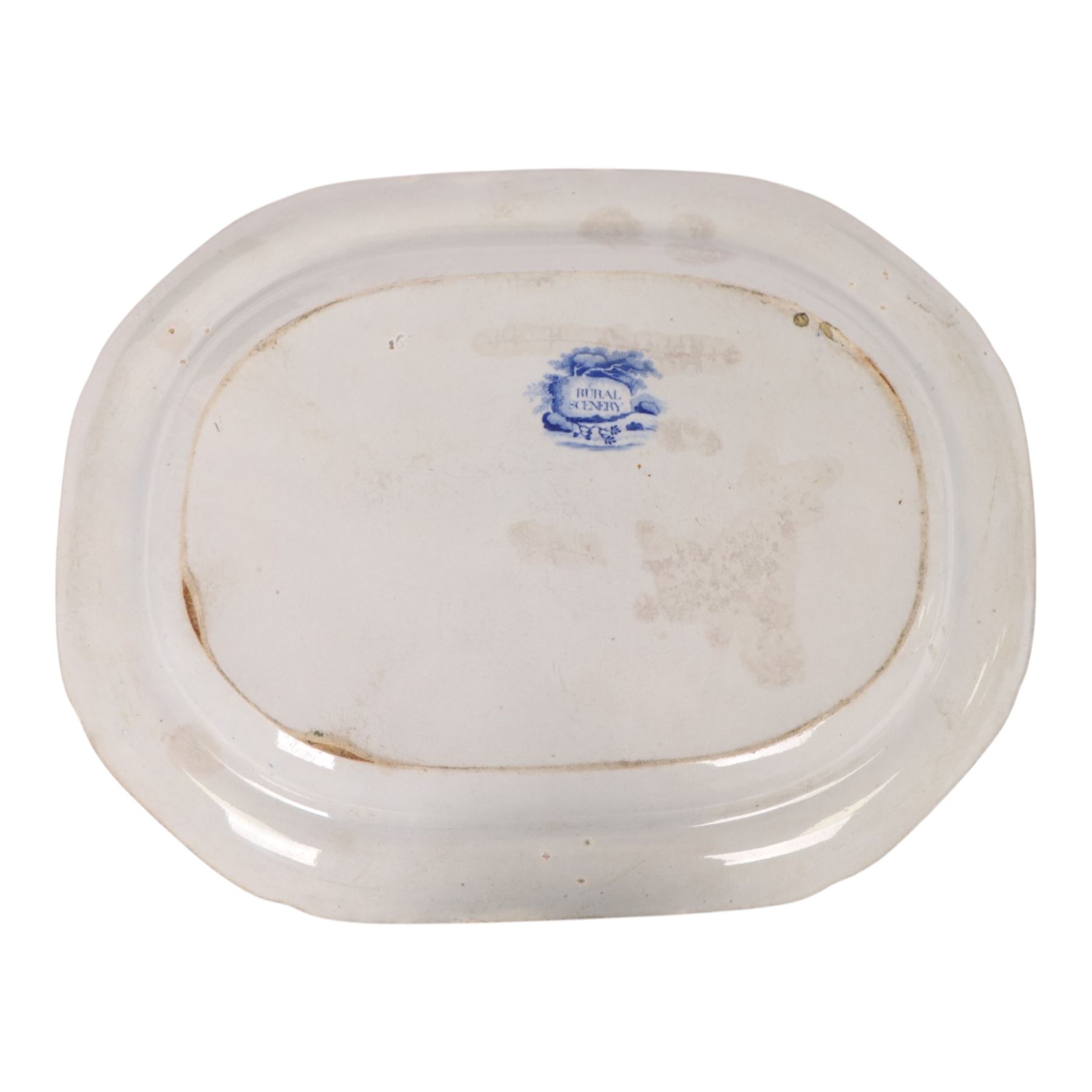 Two 19th century blue and white transfer printed pottery meat plates, the first by John Rogers & Sons decorated in The Drama Series patter, L54cm, the second by Bathwell & Goodfellow decorated in the Rural Scenery Traveller pattern, L43.5cm