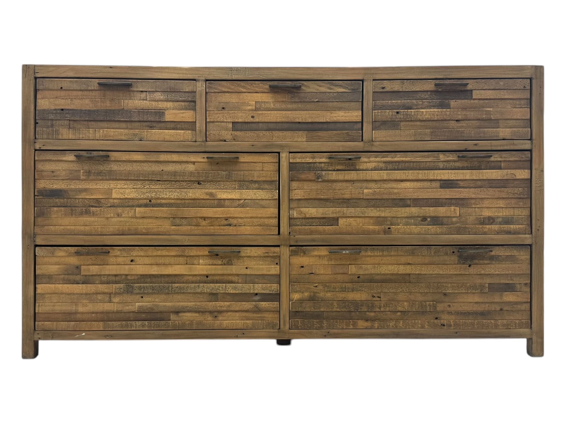 Barker & Stonehouse - contemporary 'Charlie' reclaimed wood chest, rectangular plank top over three short and four long drawers, raised on square supports