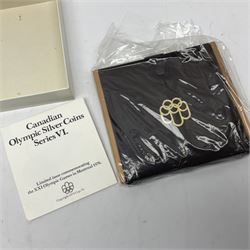 Six Queen Elizabeth II The Royal Canadian Mint silver proof four coin sets, to commemorate the 1976 Montreal Olympic Games, each set containing two five dollar coins and two ten dollar coin with Queen's head obverse and designs to the reverse relating to the Olympic Games, all in the original display cases and outer card boxes with certificates