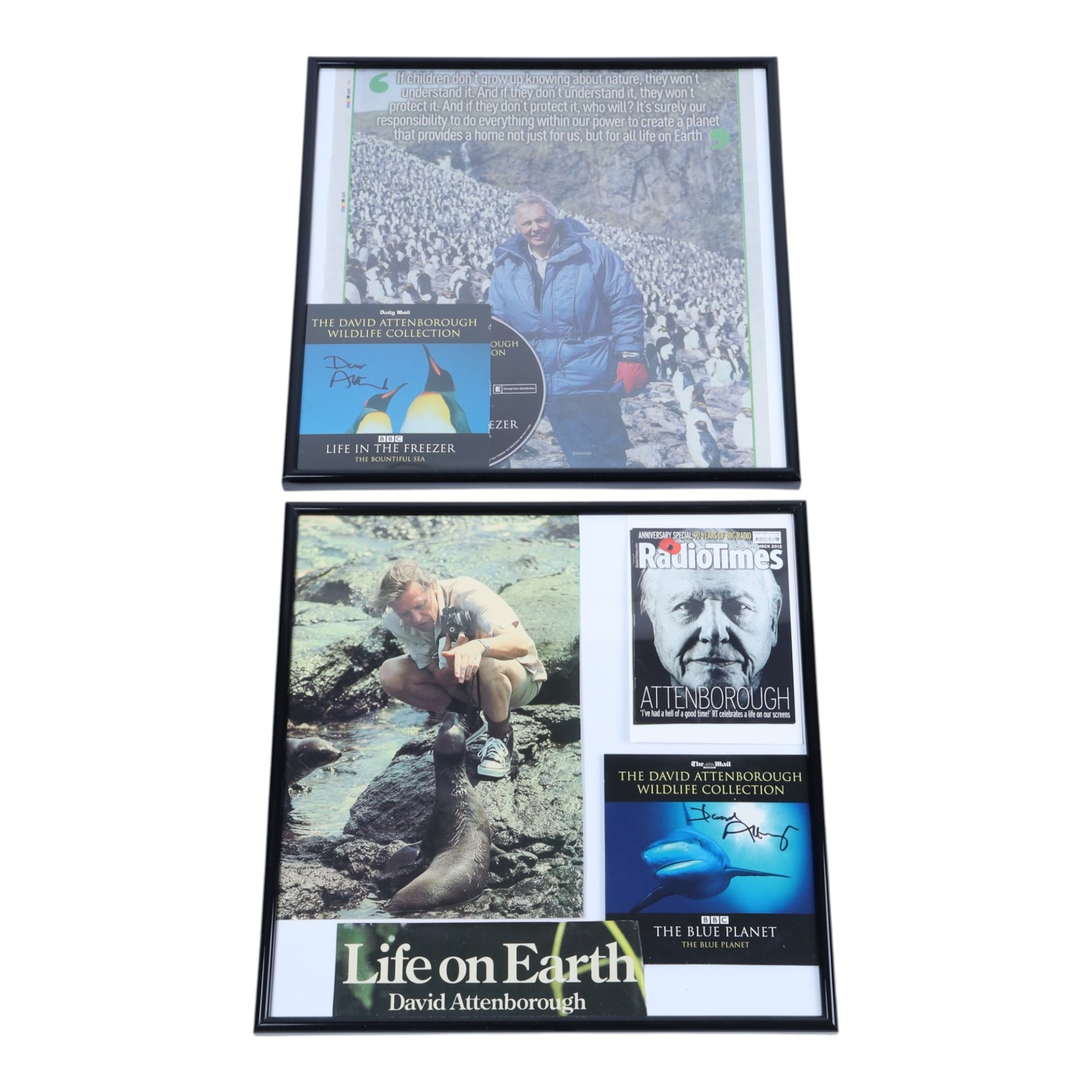 Collection of David Attenborough memorabilia, to include 'The Private Life of Plants' signed DVD, 'The Private Life of Plants' hardback, 'Adventures of a Young Naturalist' paperback, framed signed items and two other paperbacks