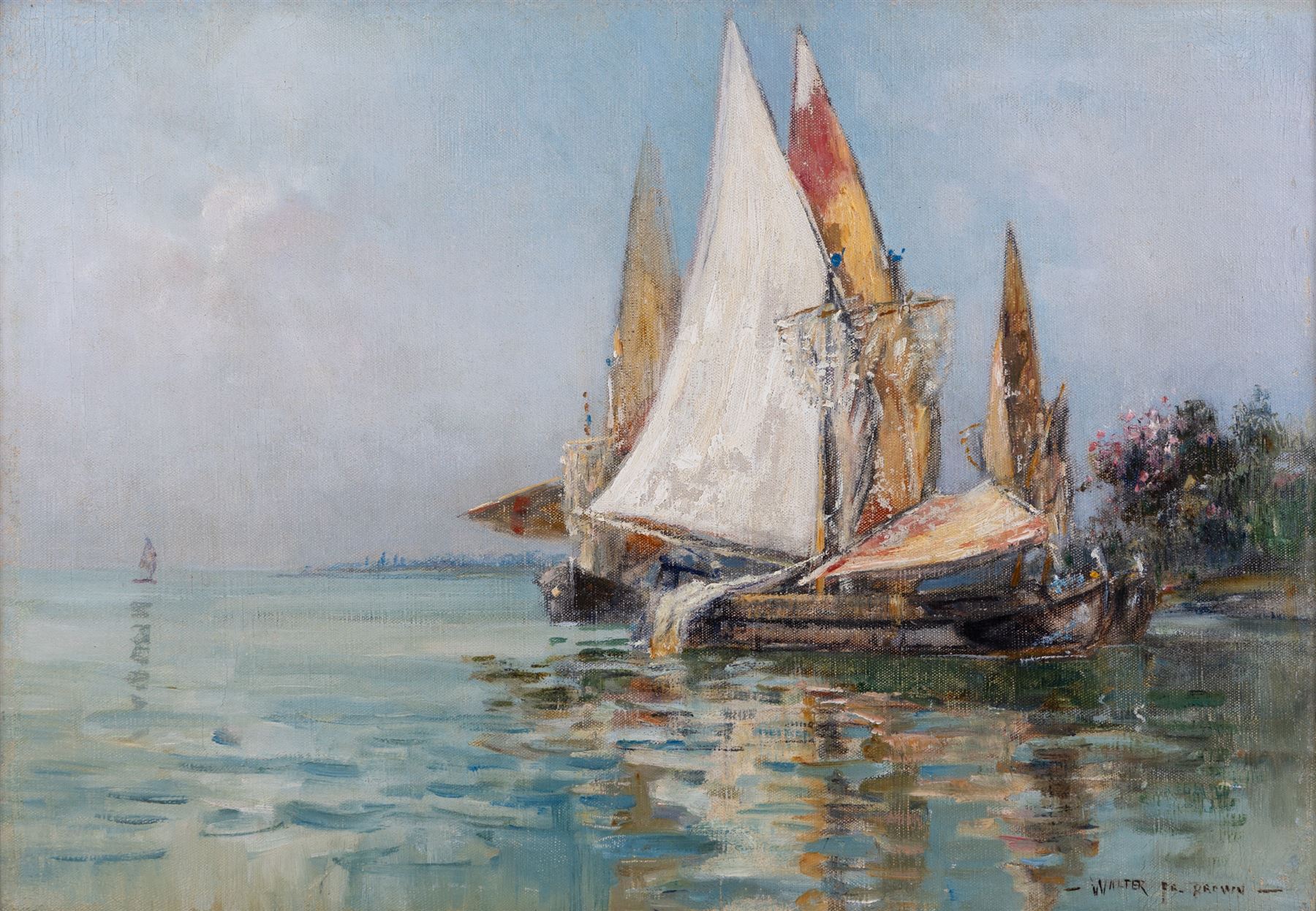Walter Francis Brown (American 1853-1929): Mediterranean Shipping, oil on canvas signed 35cm x 50cm