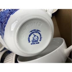 Large collection of blue and white ceramics, to include Spode Italian pattern with blue mark, Wood and Sons Yuan, pickle dish, Delft style etc, dinner plates, tea wares, bowls etc in six boxes