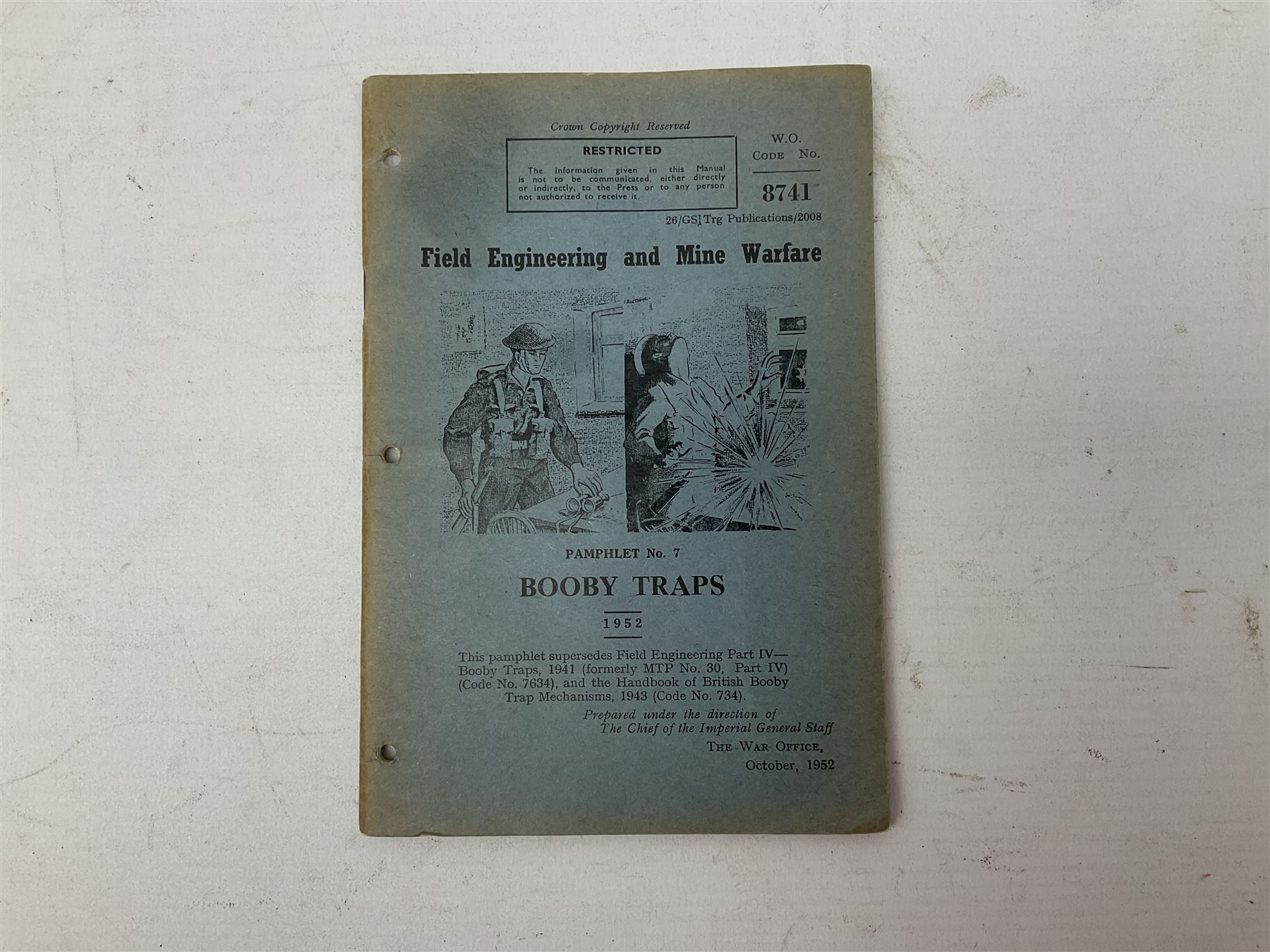 Military interest - Pair of SOE wire cutters by H Brindley; Needle dagger with triform blade 15.5cm; Iron key with secret message compartment; ‘Pill box’ telescope; Wire cutters; Field Engineering and Mine Warware pamphlet No. 7, Booby Traps (6)