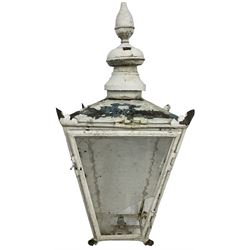 20th century metal lantern, square tapering form with hinged top mounted by finial