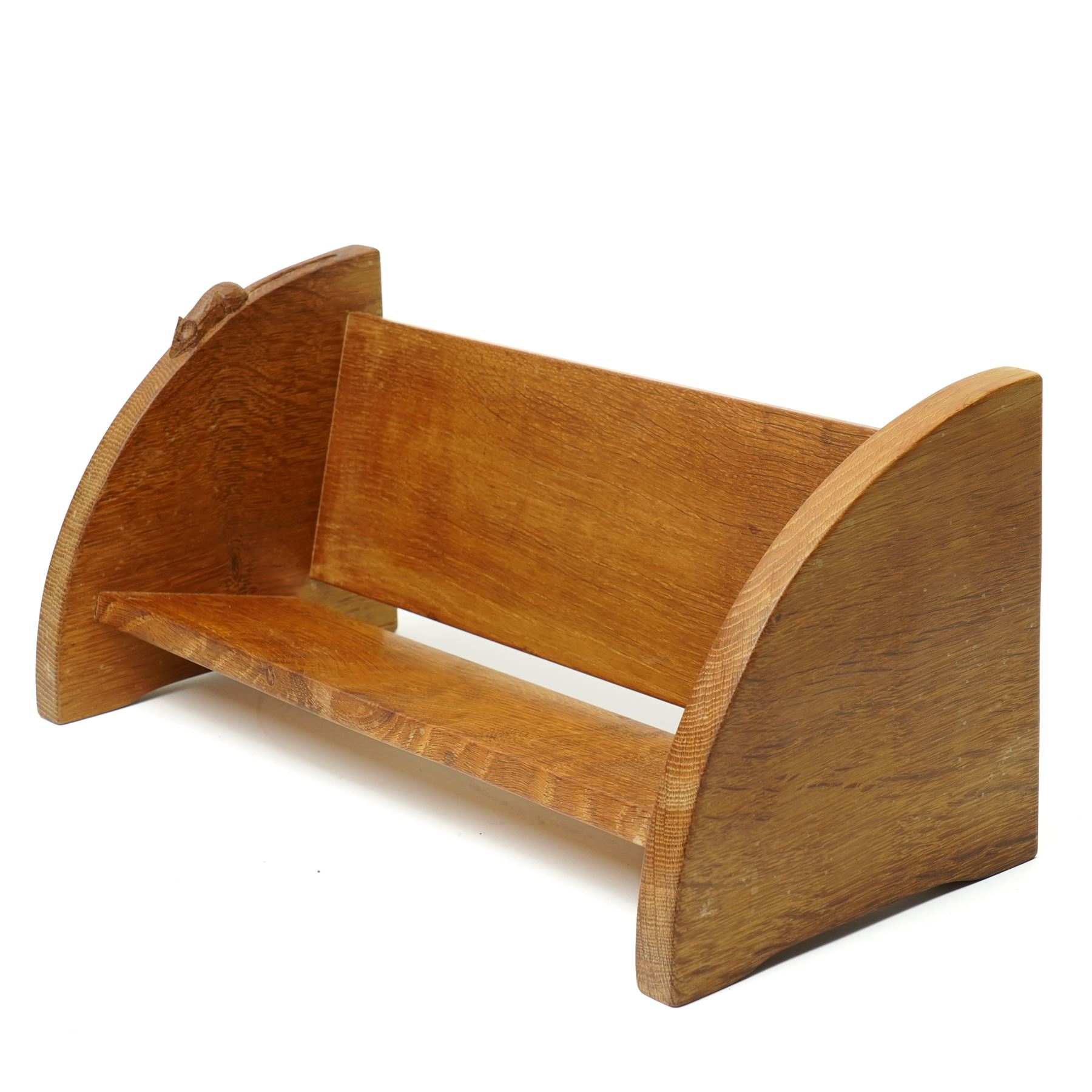 Mouseman - oak book trough, curved end supports, with carved mouse signature, by the workshop of Robert Thompson, Kilburn W45.5cm