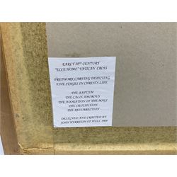 Cork carving of a religious cross depicting intricate scenes of various religious figures and motifs amongst trees and foliage, with central circular panel of Jesus Christ, in glazed frame, H95cm