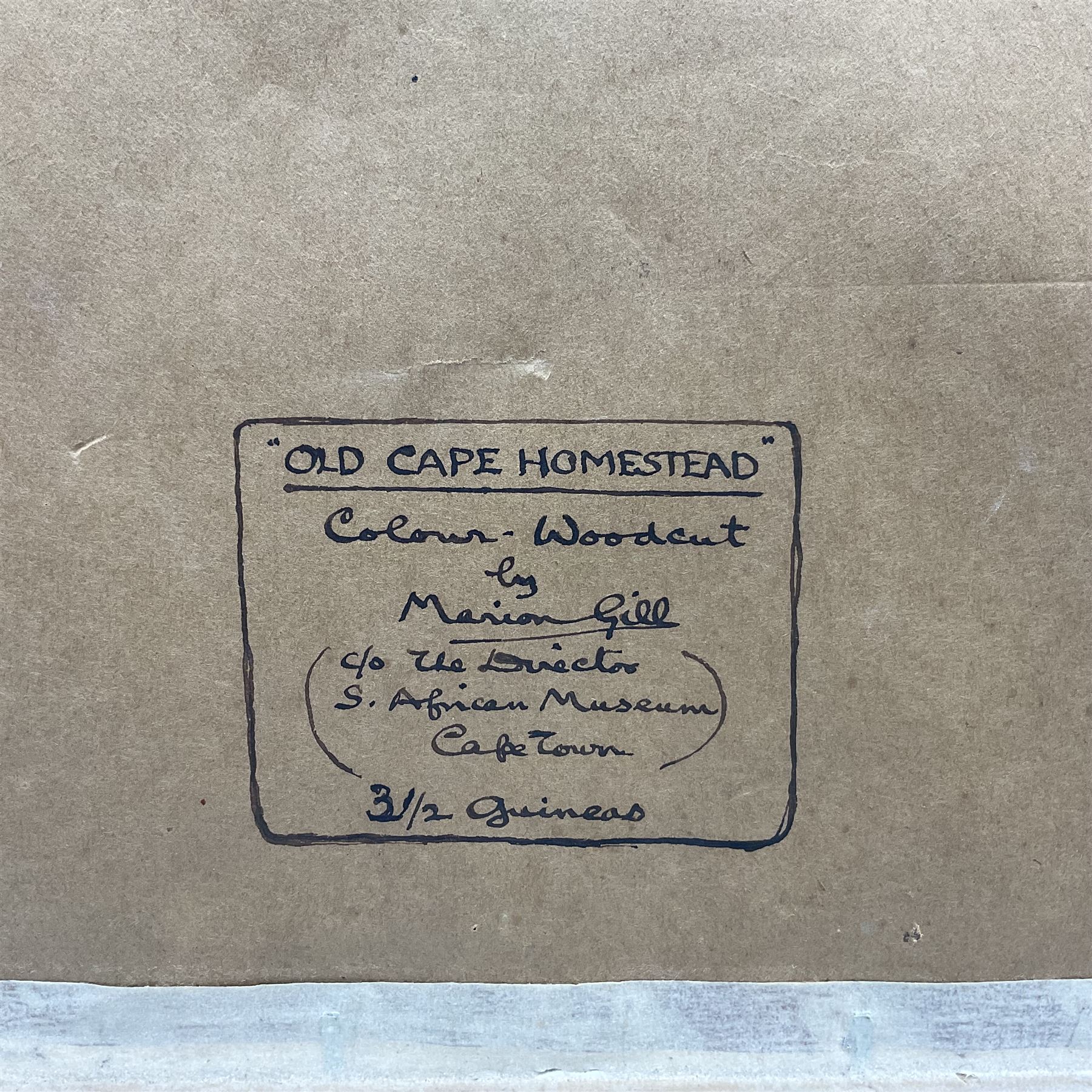 Marion Gill (British 1879-1959): 'Old Cape Homestead', woodblock print signed with monogram, titled verso 25cm x 28cm