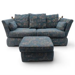 Edwardian design Knole-type drop-end two seat sofa, of traditional shape with hinged drop arms held by ropetwist tassels, upholstered in cobalt blue geometric patterned fabric, with loose seat and scatter cushions; together with matching ottoman footstool (W70cm D55cm H39cm)