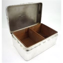 Small 1930's silver mounted cigarette box, of rectangular form with  engine turned decoration to hinged cover, opening to reveal a softwood lined interior, hallmarked James Dixon & Sons, Birmingham 1934, H5cm W13.5cm D9cm