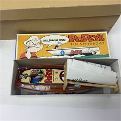 Twenty six tinplate models to include Ferris Wheel and Performing Circus Elephant, marked JW, further similar examples such as Duck on a Bike, Clown on Roller, Carousel; Popeye Tin Speedboat; Looney Tunes Wind Up Cars and Express Train; various international examples, MS107 Jumping Bambi, Pop Pop Boat, jumping frogs, pecking chickens etc; both boxed and loose