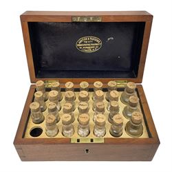 Ashton & Parsons Homeopathic pharmacy box, the fitted interior with thirty glass bottles with cork stoppers and labels to the glass, H10cm, L21cm