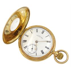 Early 20th century gold-plated half hunter lever pocket watch by American Watch Company, Waltham, No. 7526313, white enamel dial with Roman numerals and subsidiary seconds dial, 10ct gold bloodstone and agate swivel fob, stamped, 9ct gold sovereign mount and a gilt paste stone set initialled fob