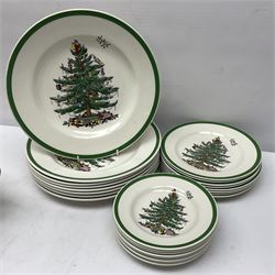 Collection of Spode Christmas Tree pattern part dinner service, comprising three covered tureens, eight dinner plates, eight side plates, eight dessert plates, sauce boat and saucer and serving platter (30)