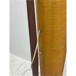 Mid century floor standing rocket lamp, the spun cylindrical orange fibreglass shade supported by three tapering teak legs, together with a matching small cylindrical shade, lamp H112cm