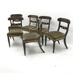 Set six early Victorian mahogany dining chairs, shaped cresting rail with carved foliage detailing, upholstered seat, turned supports, W49cm
