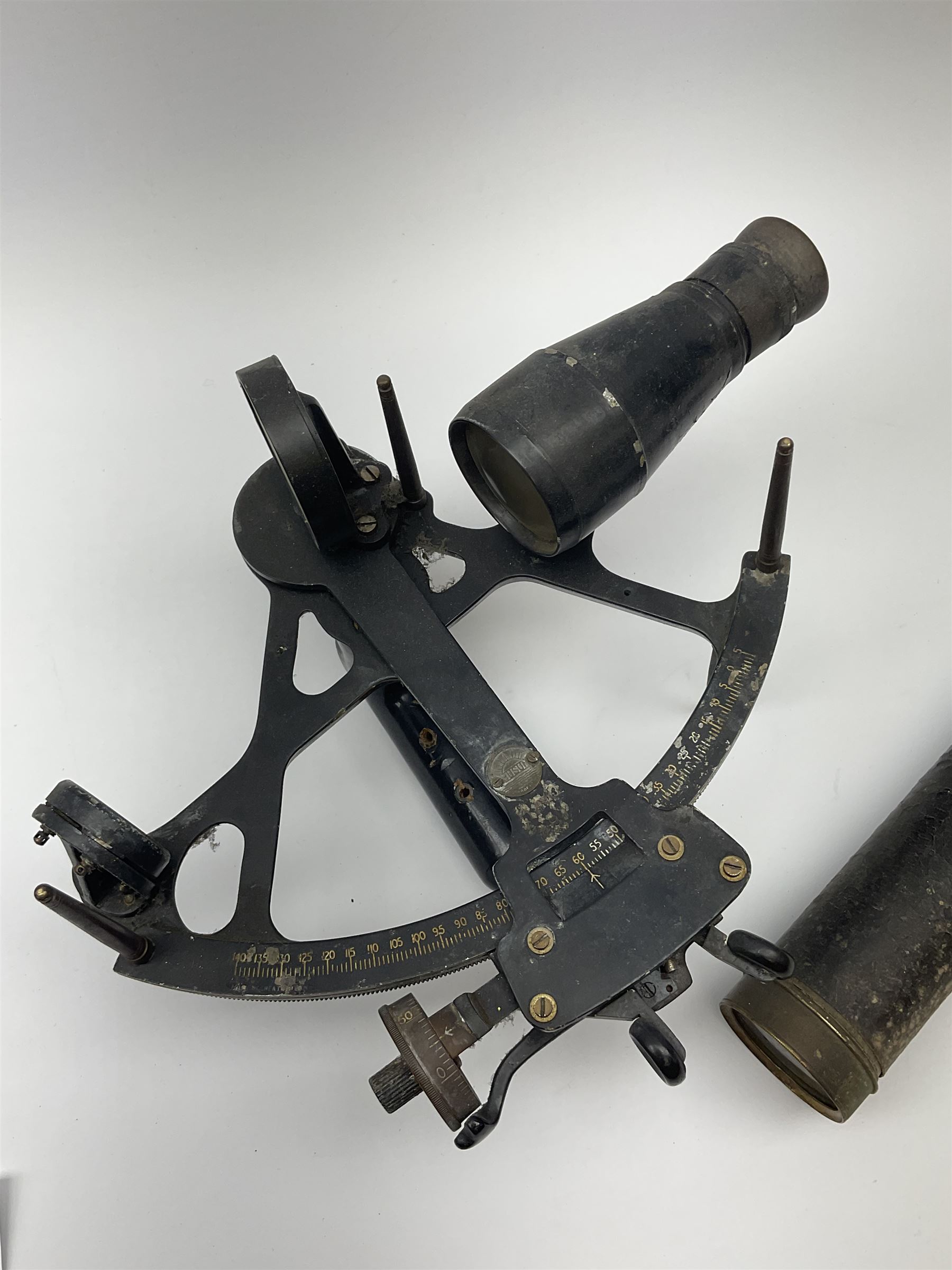Henry Hughes & Son 'Husun' black finished brass sextant marked H (broad arrow) O No.287 W29cm; and a 19th century Harris & Son London brass three-draw telescope with leather covered tube L72cm extended (2)