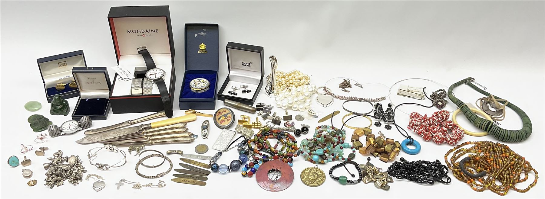 Silver jewellery to include bangles, bracelet, cufflinks, all stamped, pair of boxed Montblanc cufflinks, boxed Mondaine wristwatch, collection of Vintage and later costume jewellery, five silver handled knives, and a boxed Halcyon Days enamel box. 