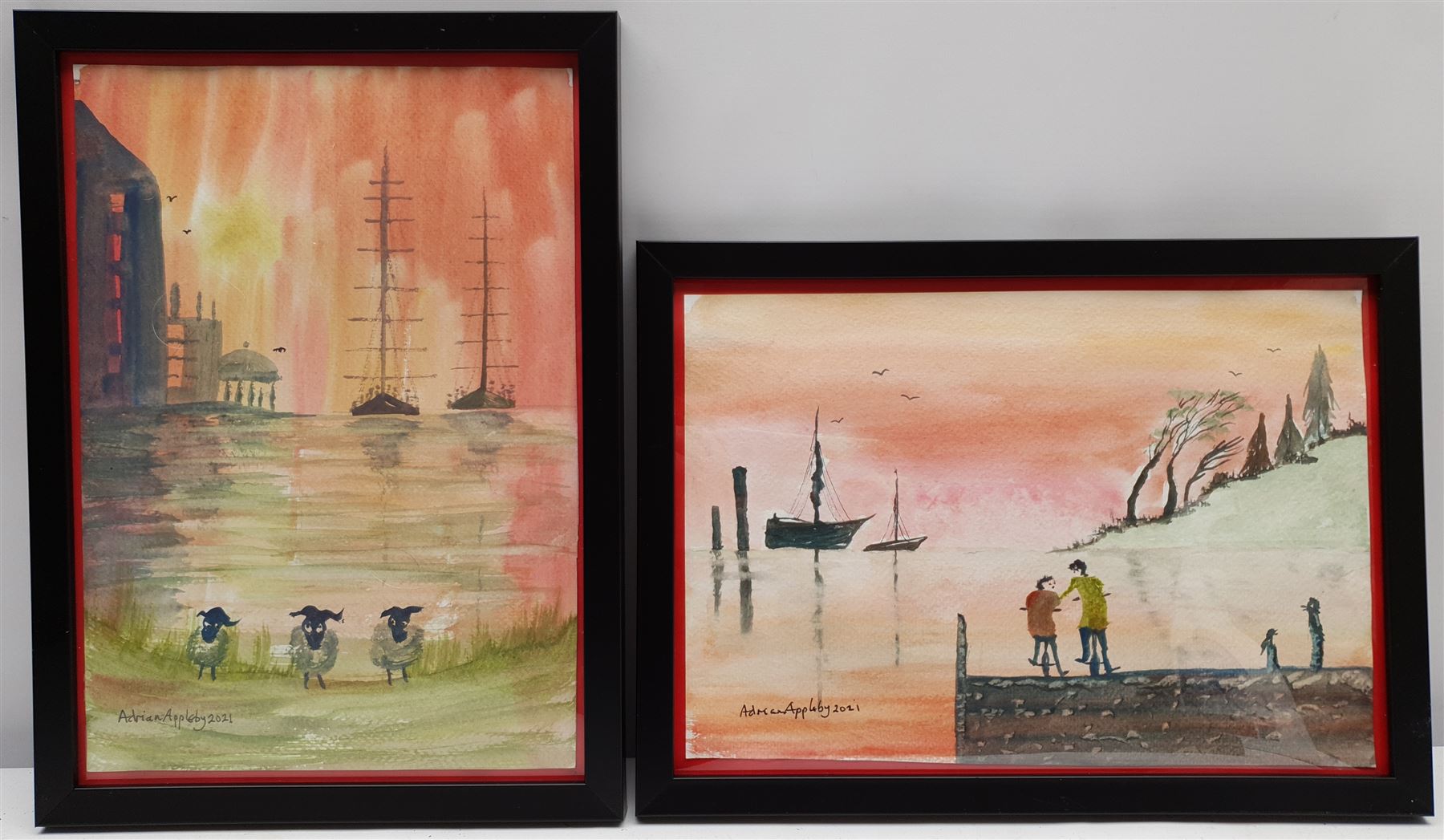 Adrian Appleby (Northern British Contemporary): 'Sheep at the Harbour' and 'Important Decisions', pair watercolours signed and dated 2021, 28cm x 19cm (2)