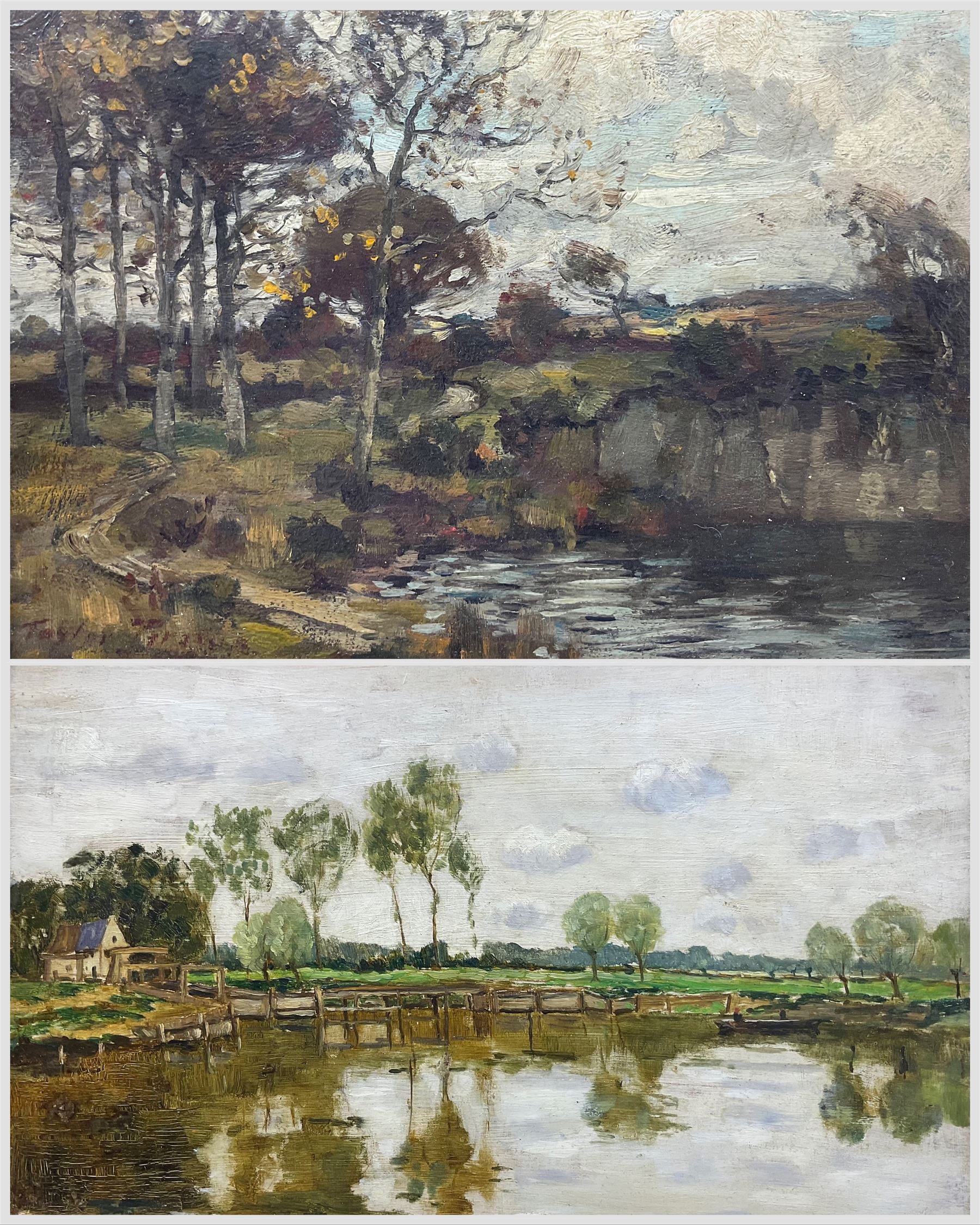 Circle of Charles-François Daubigny (French 1817-1878): River Landscape, oil on panel unsigned 24cm x 40cm; Taylor T (19th Century): Shaded River, oil on panel indistinctly signed 16cm x 21cm (2)