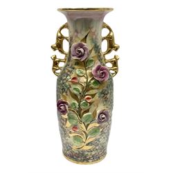 Mid-late 20th century French vase of baluster form by M. Depose, with applied floral decoration and gilding, and twin handles, with impressed mark beneath, H55cm