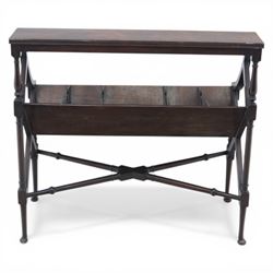 Early 20th century mahogany bookstand, rectangular top over sloped book trough with four divisions, on turned supports with X-shaped stretcher base