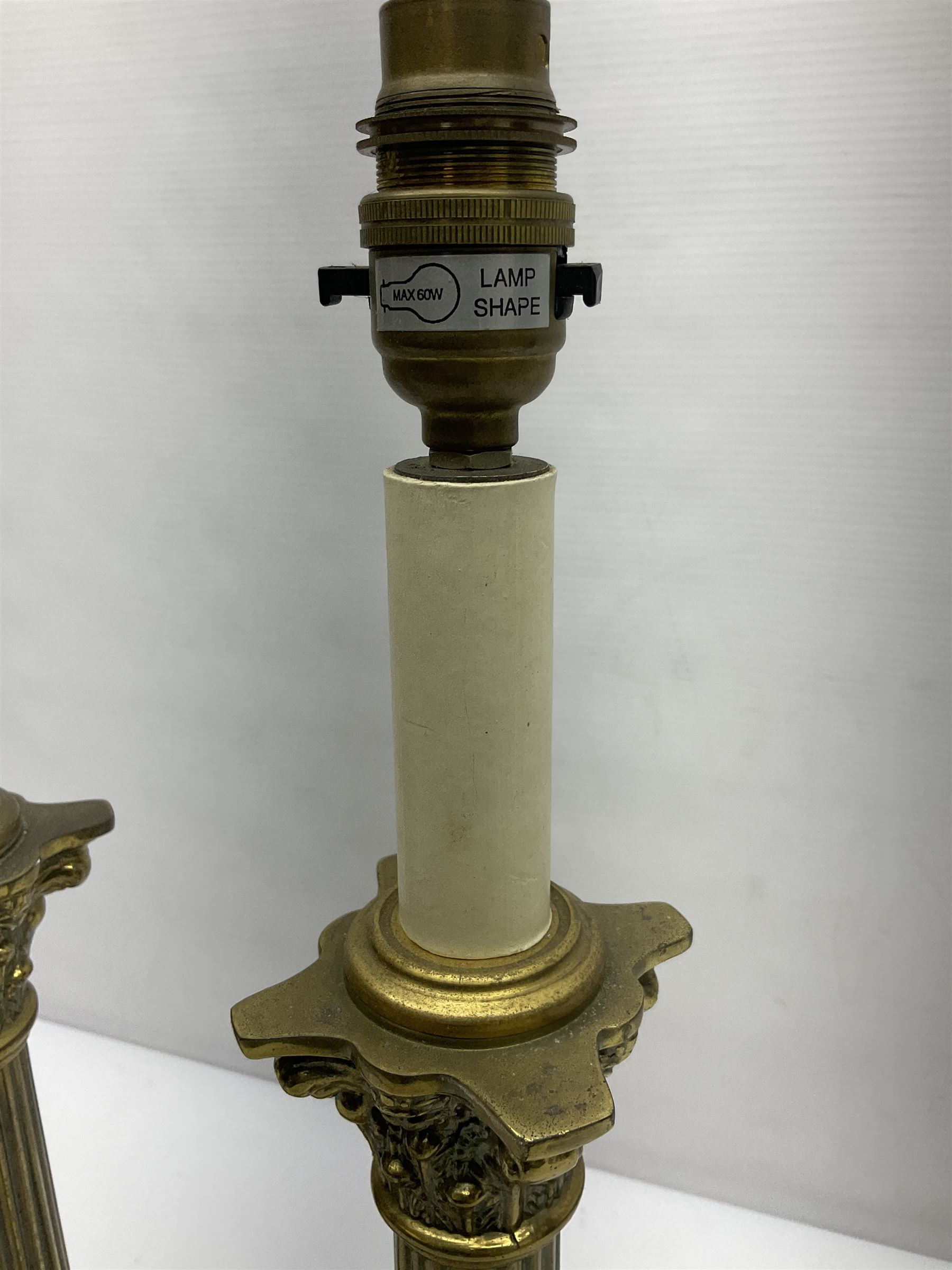 Pair of brass table lamps in the form of fluted Corinthian columns, H46cm