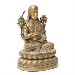 Tibeto-Chinese gilt bronze Buddha or Tsongkhapa figure, H24cm  