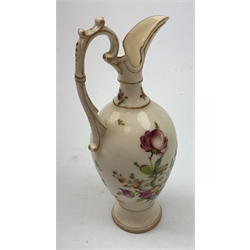 A large 19th century Staffordshire loving cup, detailed 'The Real Cabinet of Friendship Justice and Equity' (a/f), H22cm, together with a pair of 19th century Staffordshire dalmatians, upon oval blue bases, H13cm, a Dresden ewer hand painted with floral sprays, with mark beneath, H15.5cm, and a Coalbrookdale style floral encrusted vase and cover, H16.5cm. 