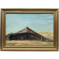 Pezzi (Spanish 20th century): Bedouin Tent, oil on canvas signed and dated '72, 48cm x 71cm
