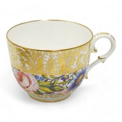 Early 20th century Sampson Hancock Derby porcelain breakfast cup and saucer, painted by  Harry Sampson Hancock, with central sprays and trailing flowers, within scroll gilt borders, painted marks beneath, saucer D14cm, cup H7cm